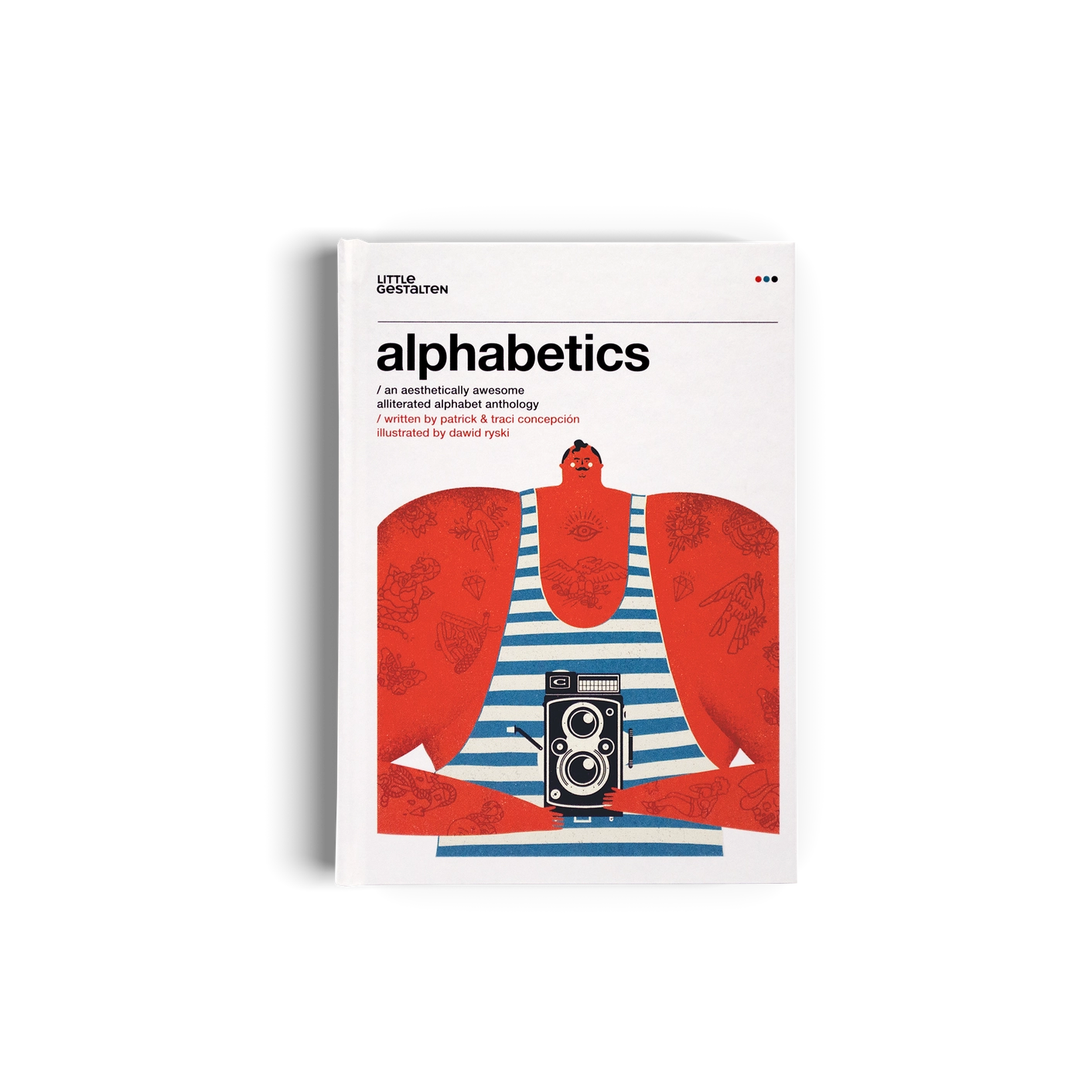 Alphabetics book cover featuring an illustrated 'strong man' with vintage camera.