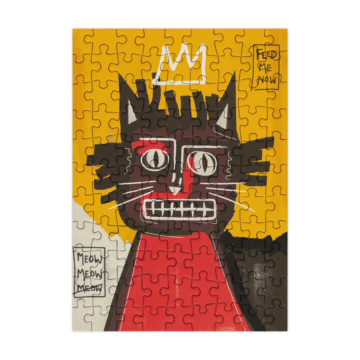 Jigsaw puzzle with a stylized cat illustration on a yellow background