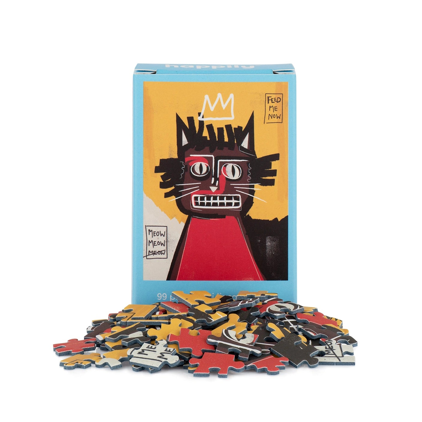 Puzzle box with a colorful cat illustration and scattered puzzle pieces on a white background