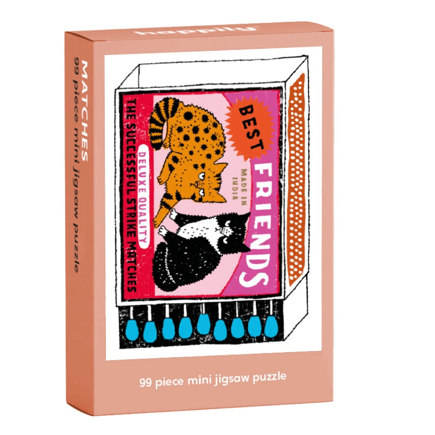 Boxed mini jigsaw puzzle with illustration of two cats and 'Best Friends' text on a matchbox design.
