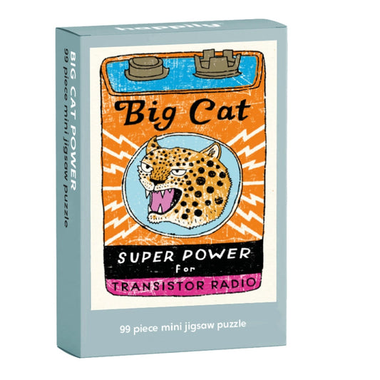 Box of a 99-piece mini jigsaw puzzle with a leopard illustration and text on a white background.