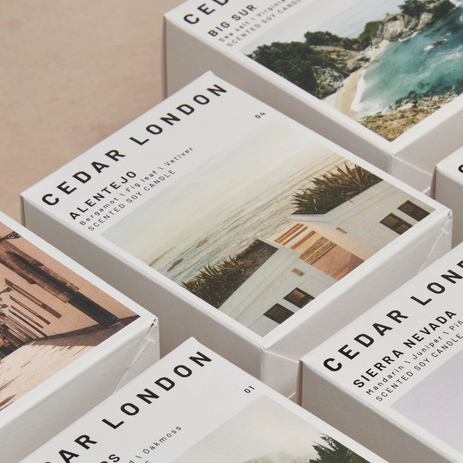 CEDAR LONDON candle boxes with scenic images and text