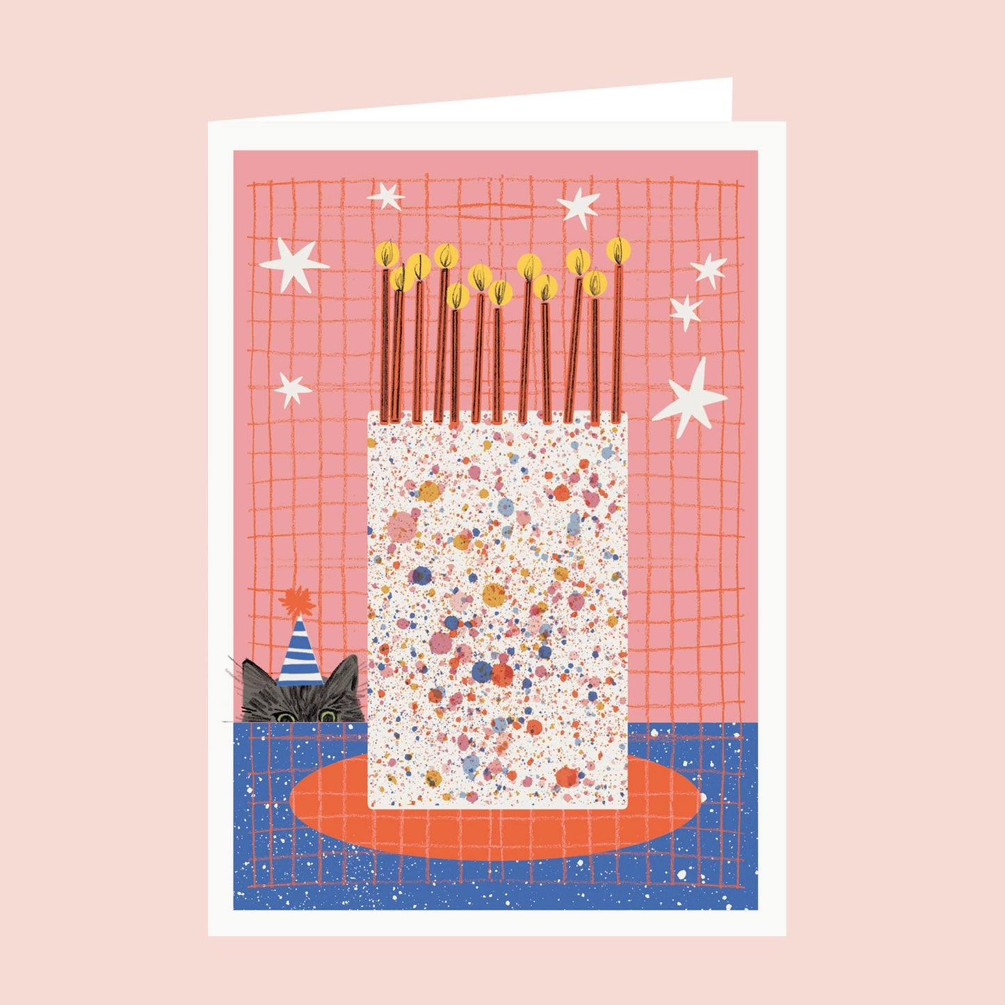 Giant colourful birthday cake sat on a table with a cat in a party hat. Illustrated design on a pink background.