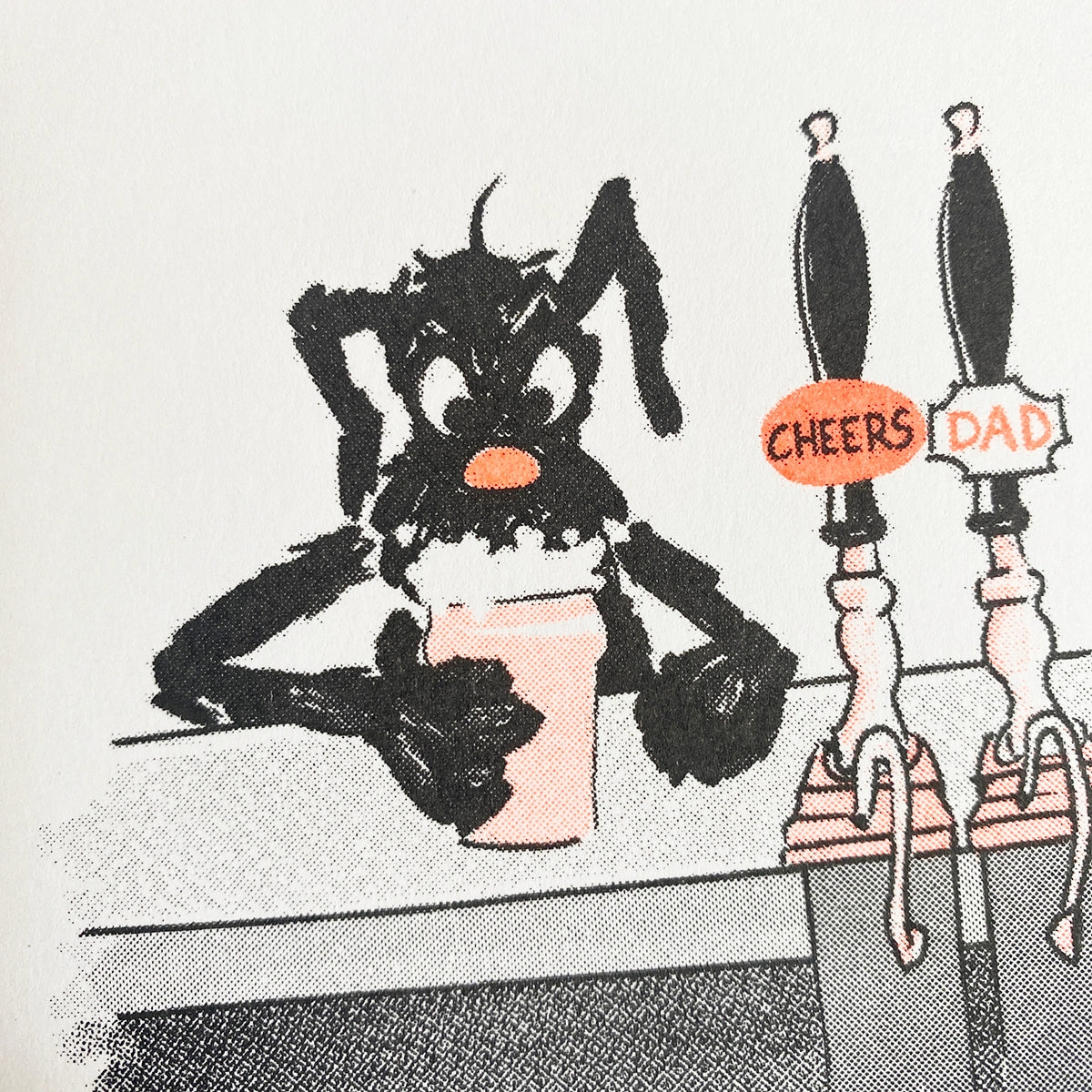 A vintage-style illustrated scene showing a black-and-white dog holding a pint at a bar, with two beer taps labeled 'Cheers' and 'Dad' on a light background.