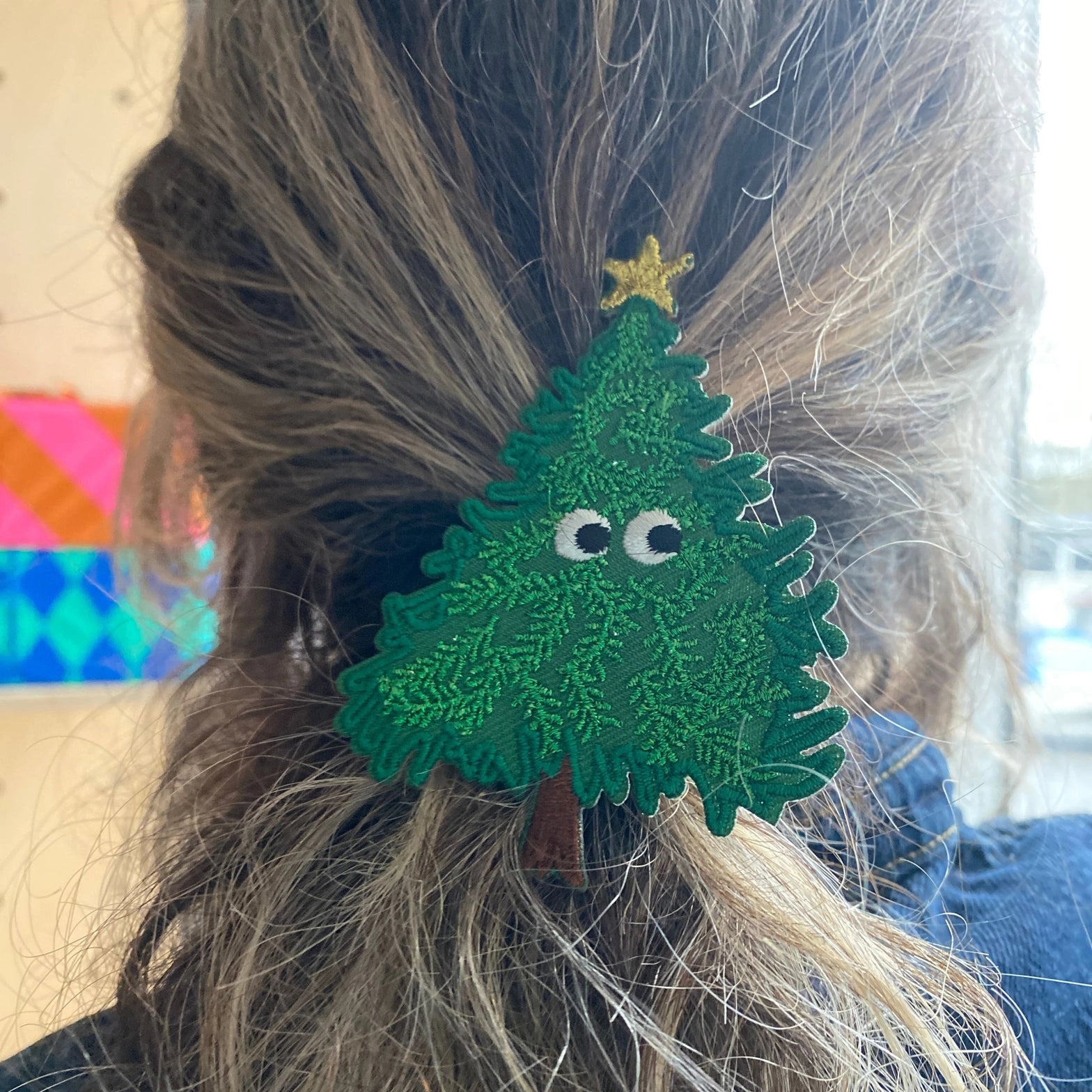 Green Christmas Tree patch used to customise a hair bobble