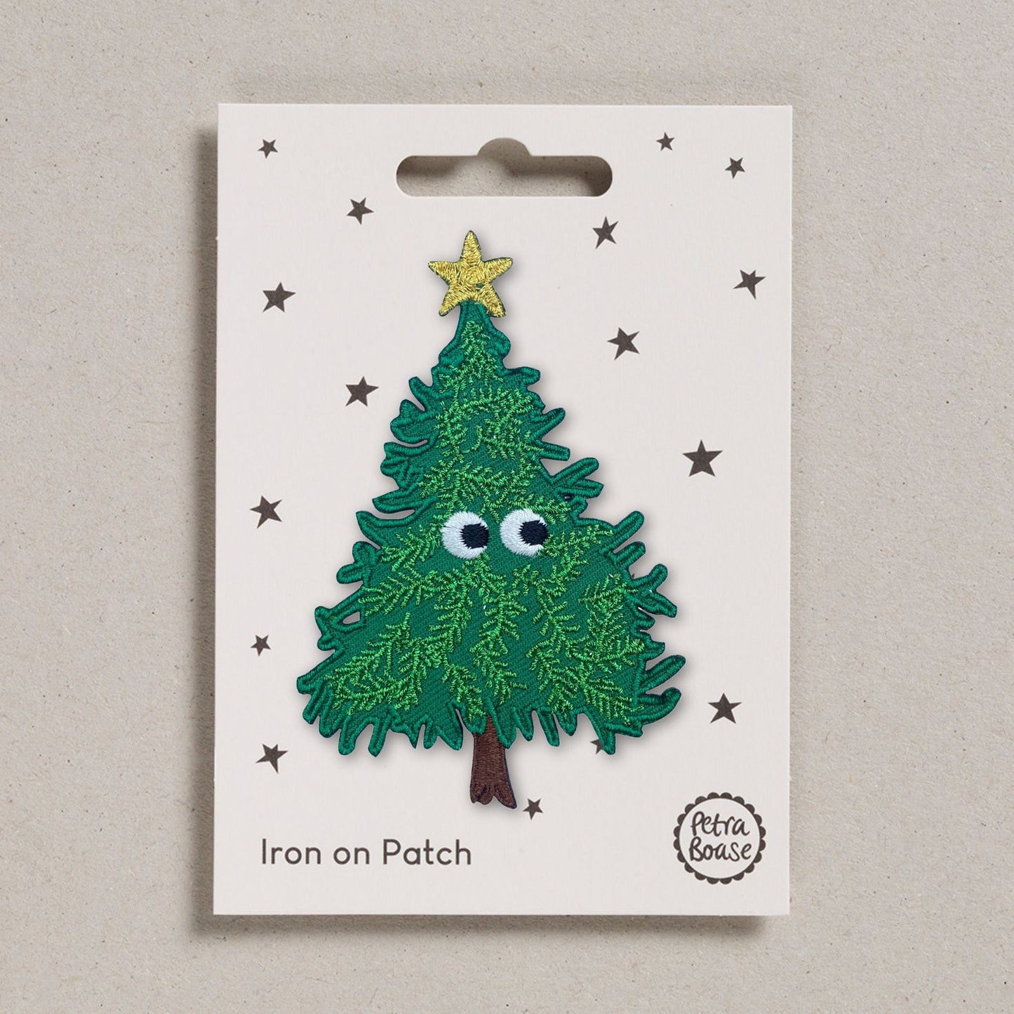 Bright green embroidered Christmas Tree Patch on a white backing card
