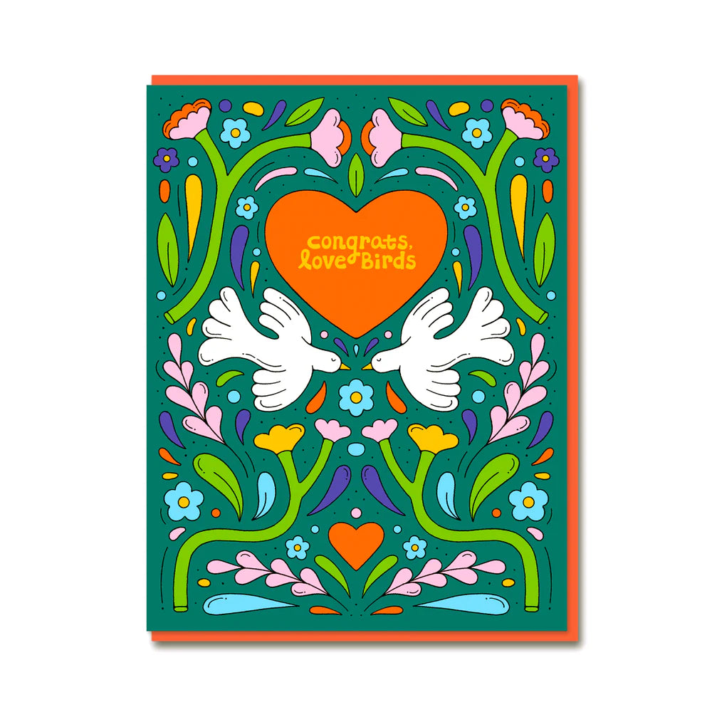 Colorful greeting card with two white doves, a heart, and floral elements on a green background.