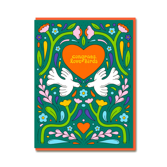 Colorful greeting card with two white doves, a heart, and floral elements on a green background.