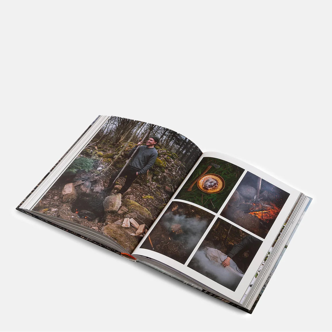 Open double page spread showing wild cooking themed images on a white background