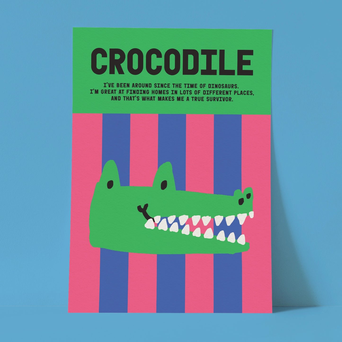 Poster with a green crocodile illustration on a striped pink and blue background with text about crocodiles.