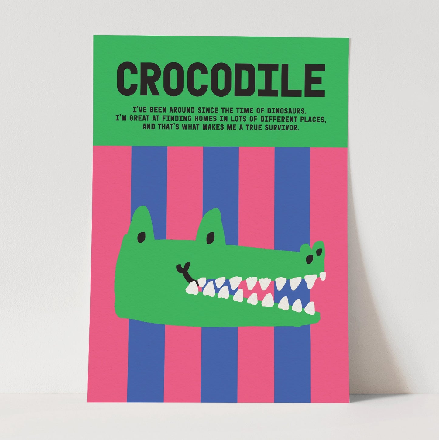 Poster with a green crocodile illustration on a striped pink and blue background, featuring the word 'Crocodile' and text.
