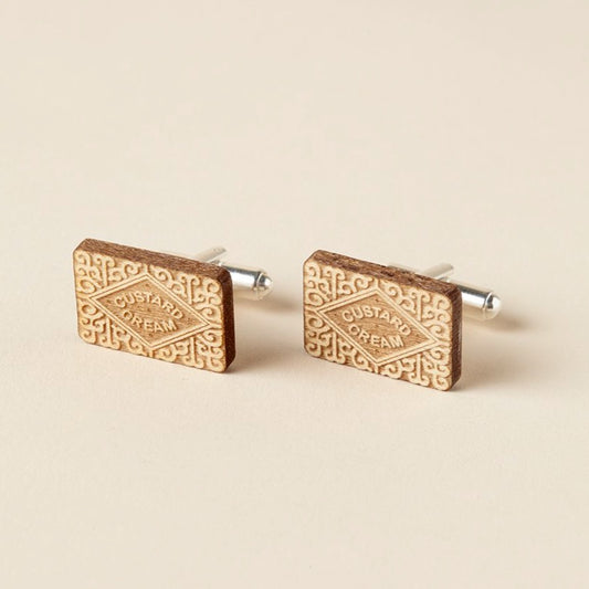 Custard cream cufflinks with silver plated fixings, made from lasercut bass wood