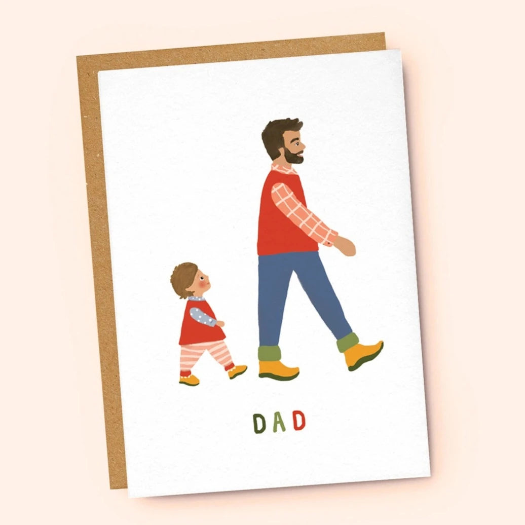 White card with painted father with beard & toddler walking in a line with the word 'DAD'. 