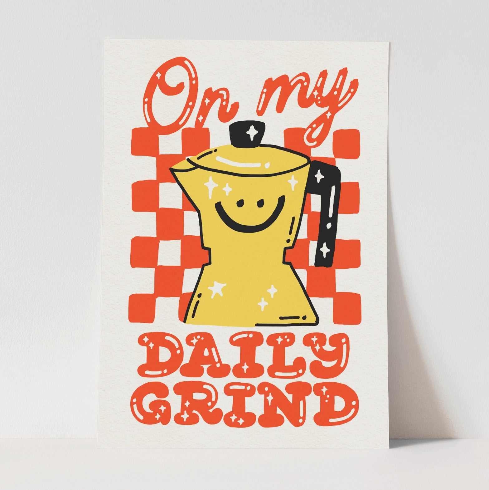 Cartoon smiling coffee pot with text 'On my Daily Grind' on a checkered background.