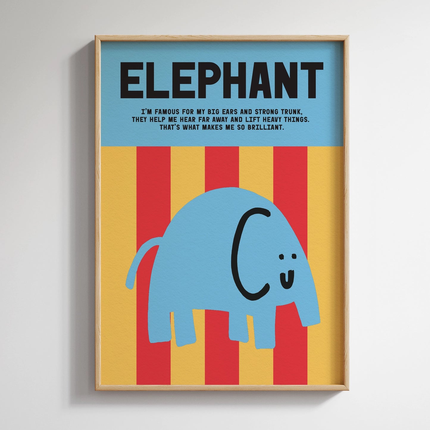 Framed children's poster with a blue elephant on a striped background.