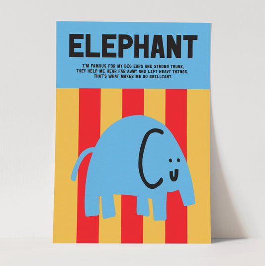 Poster with a blue elephant illustration on a red and yellow striped background