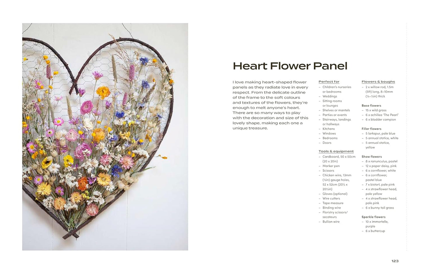 A double page spread featuring the instructions for the Heart Flower Panel, with a heart shaped dried floral display.
