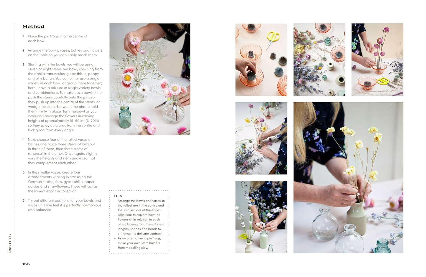 Step-by-step guide to arranging flowers with text and images of hands and flowers.