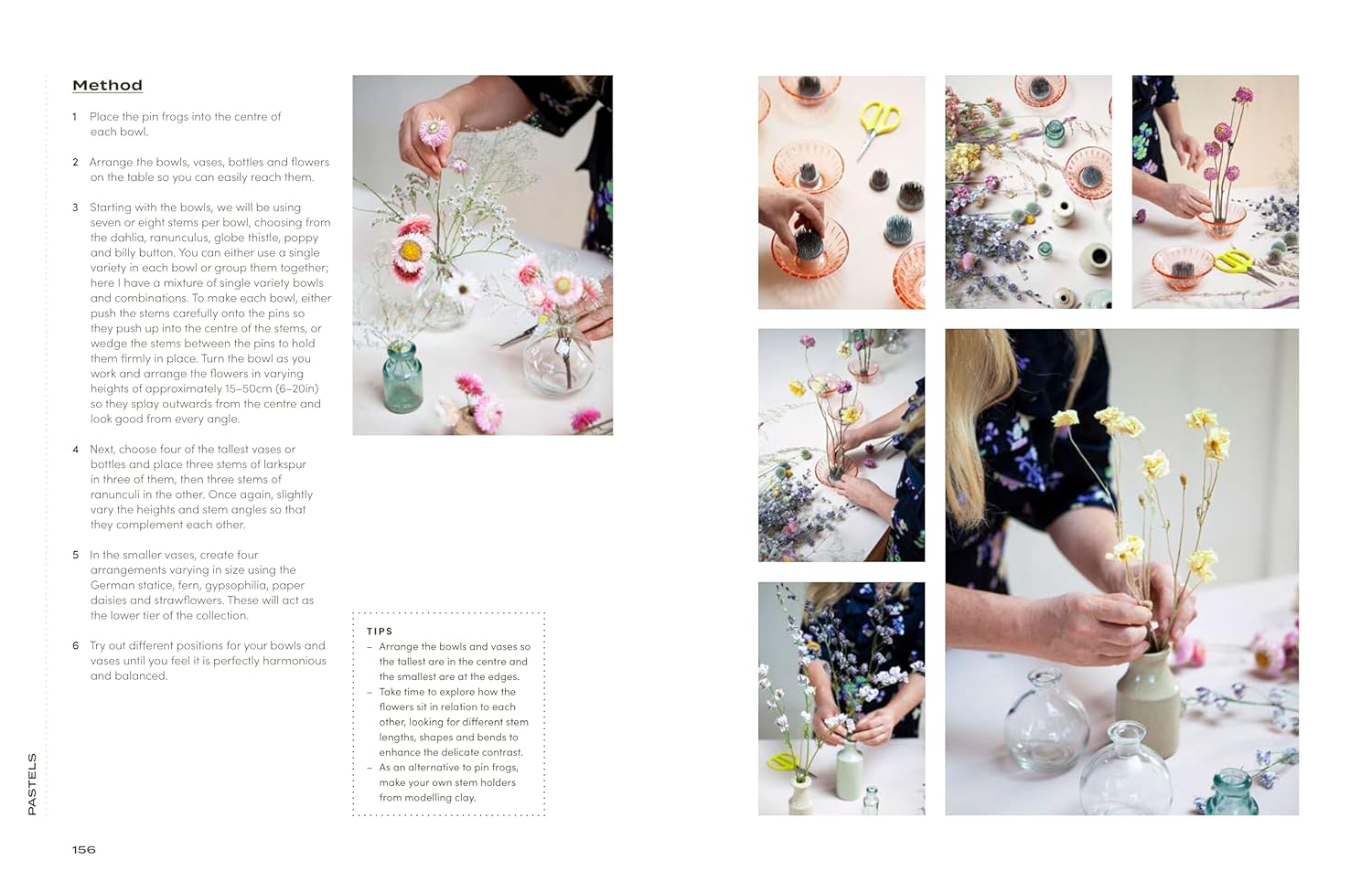 Step-by-step guide to arranging flowers with text and images of hands and flowers.