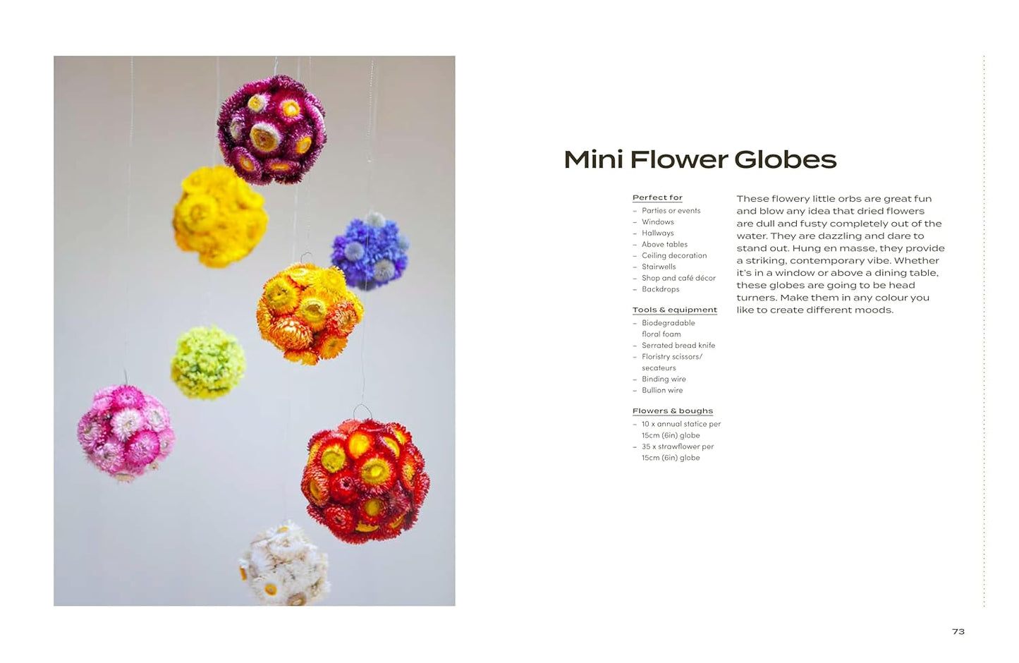 Colorful mini flower globes displayed against a white background with step by step instructions on the right.