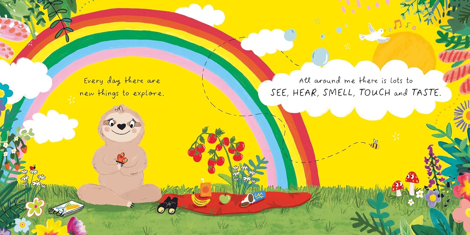 Double page spread from Feel Your Happy, with a happy sloth sat beneath a rainbow on a sunny day.