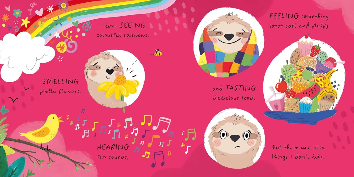 Double page spread with pink background, with round illustrations of the sloth experiencing their senses.