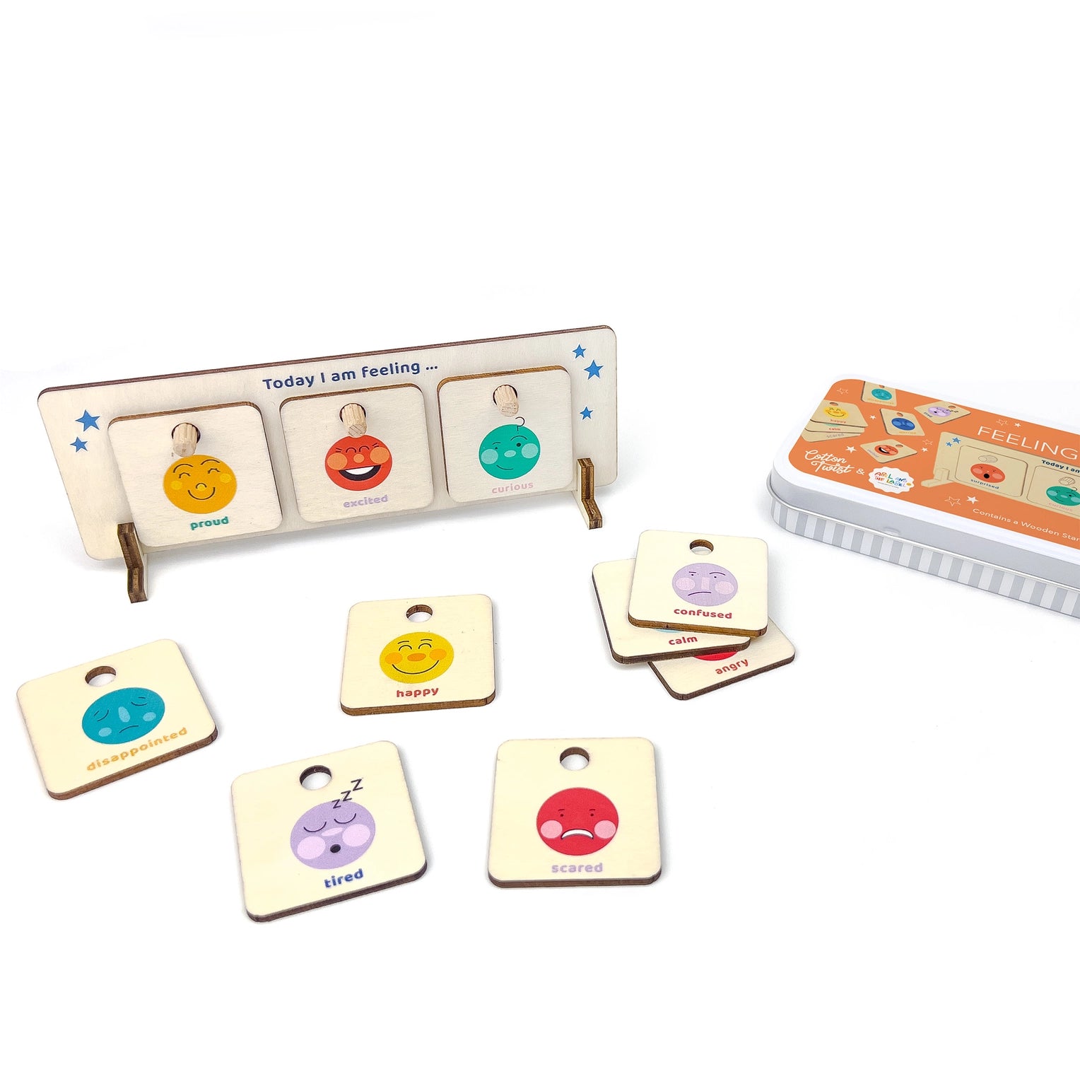 Set of emotion cards with colorful faces and text on a white background