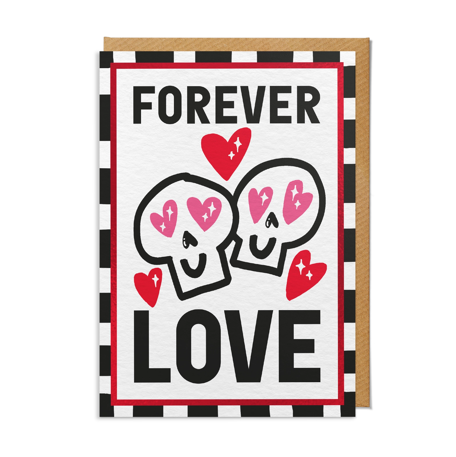 Card with cartoon skulls and hearts and text 'Forever Love' on a checkered background.