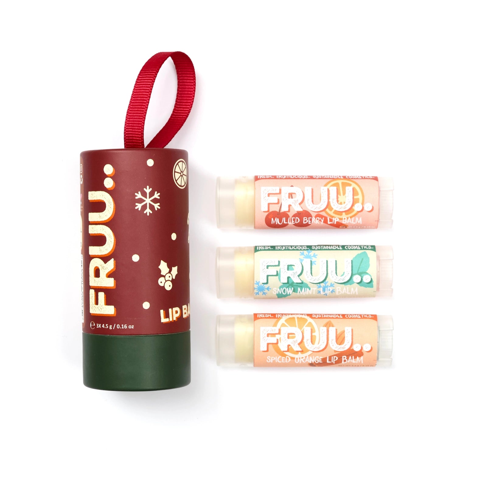 Set of FRUU lip balm tubes with a cylindrical container on a white background