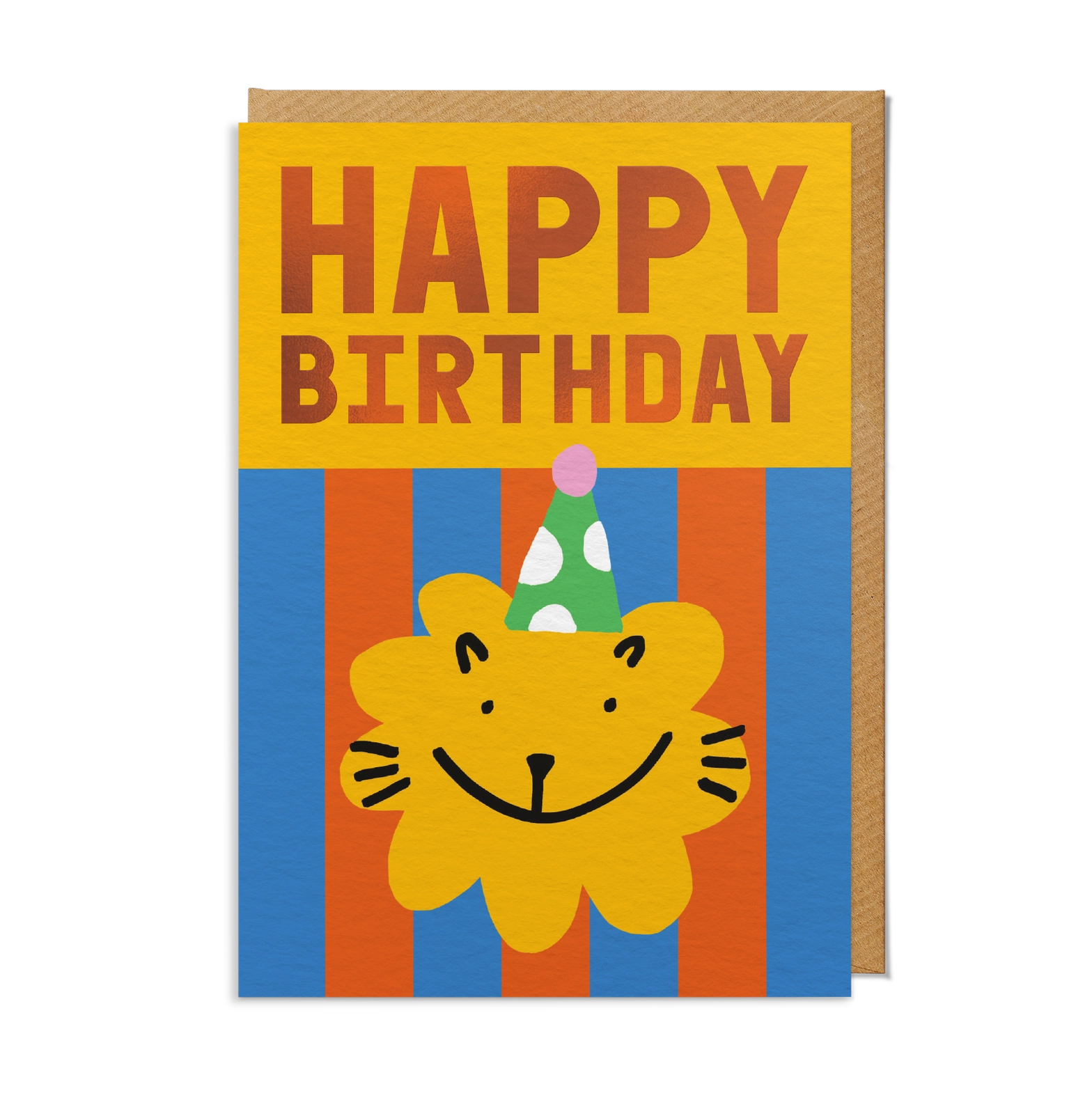 Birthday card with a lion wearing a party hat on a striped background.