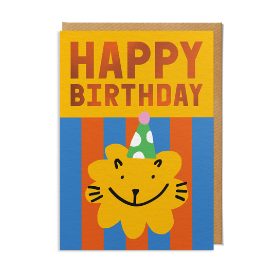 Birthday card with a lion wearing a party hat on a striped background.