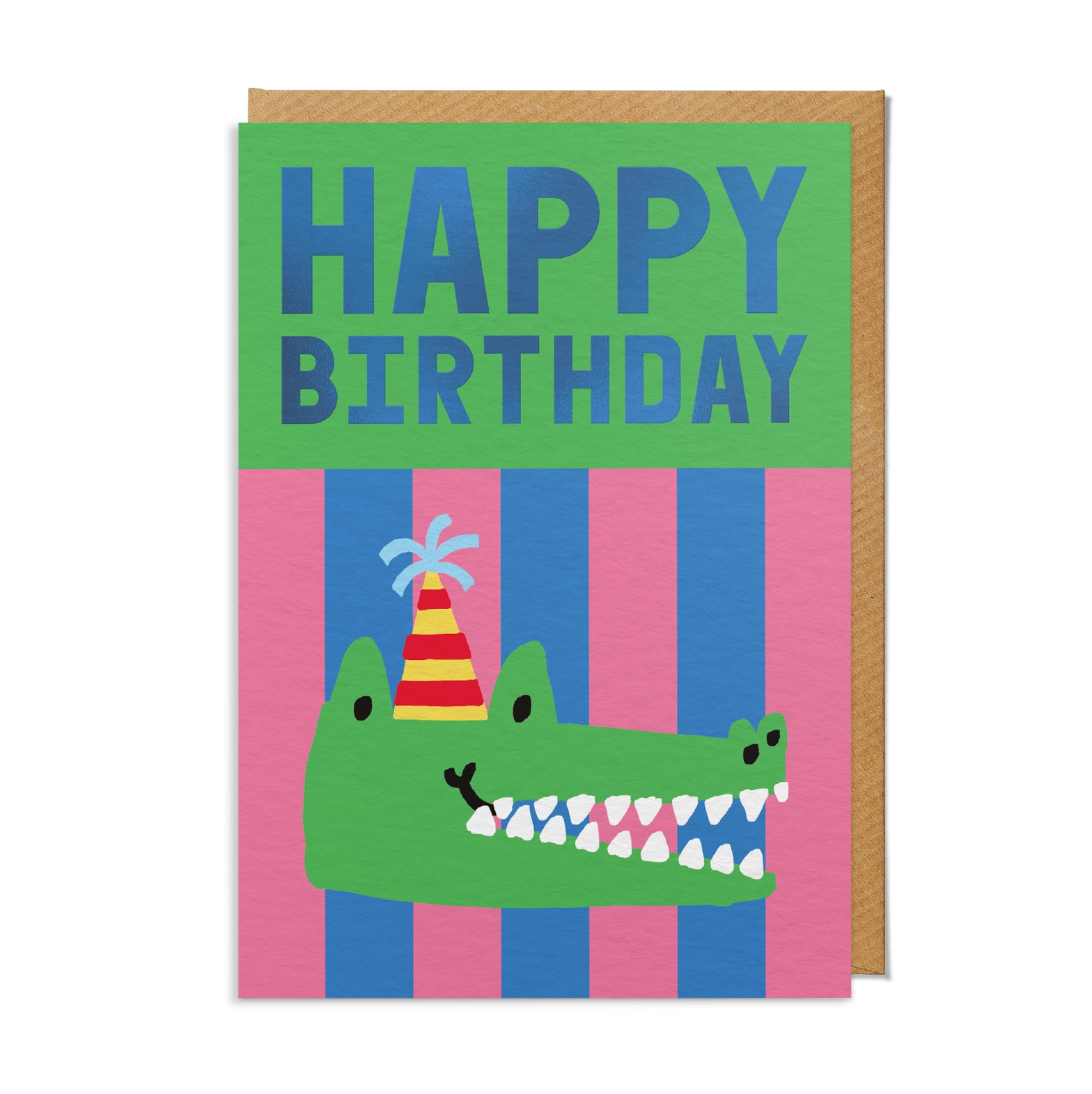 Birthday card with a crocodile wearing a party hat on a striped background.