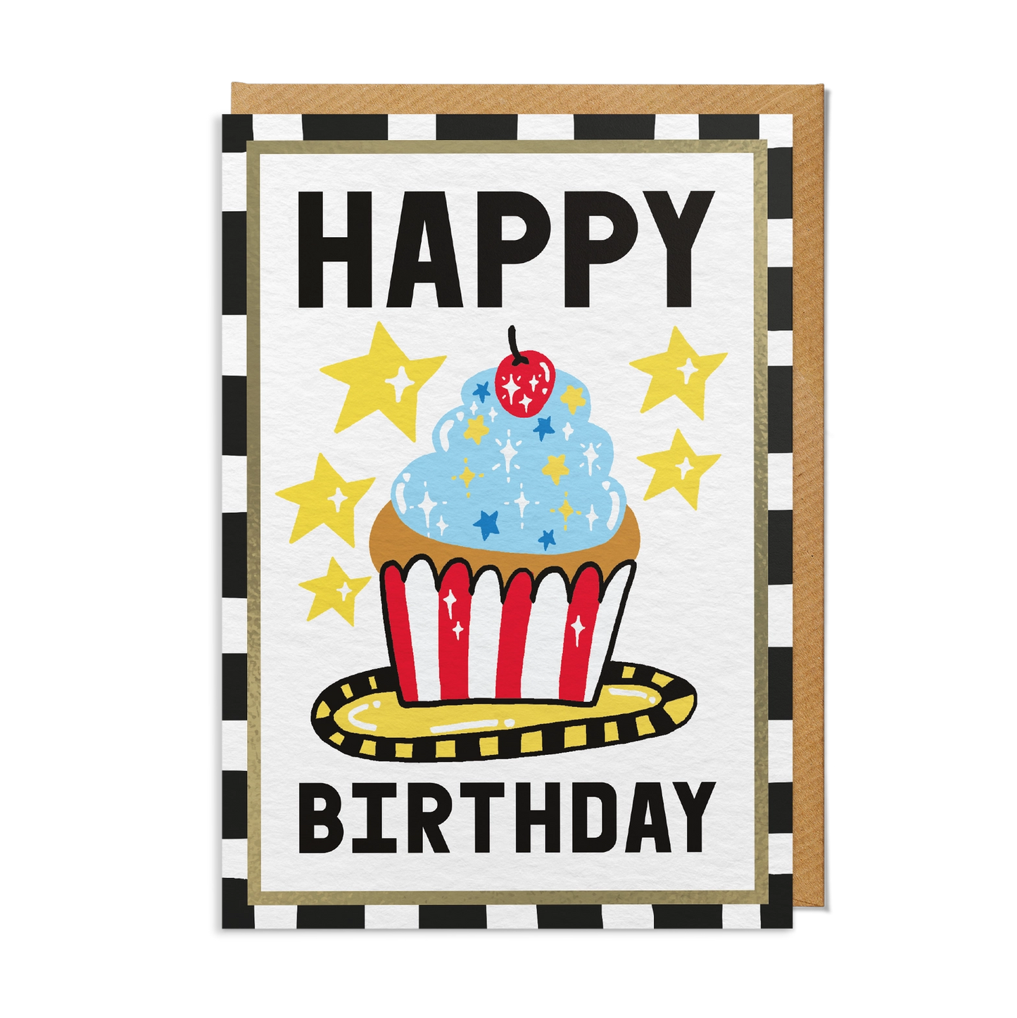 Illustrated birthday care featuring a blue iced cupcake with a cherry on top and yellow stars. With a black and white striped border and brown kraft envelope.