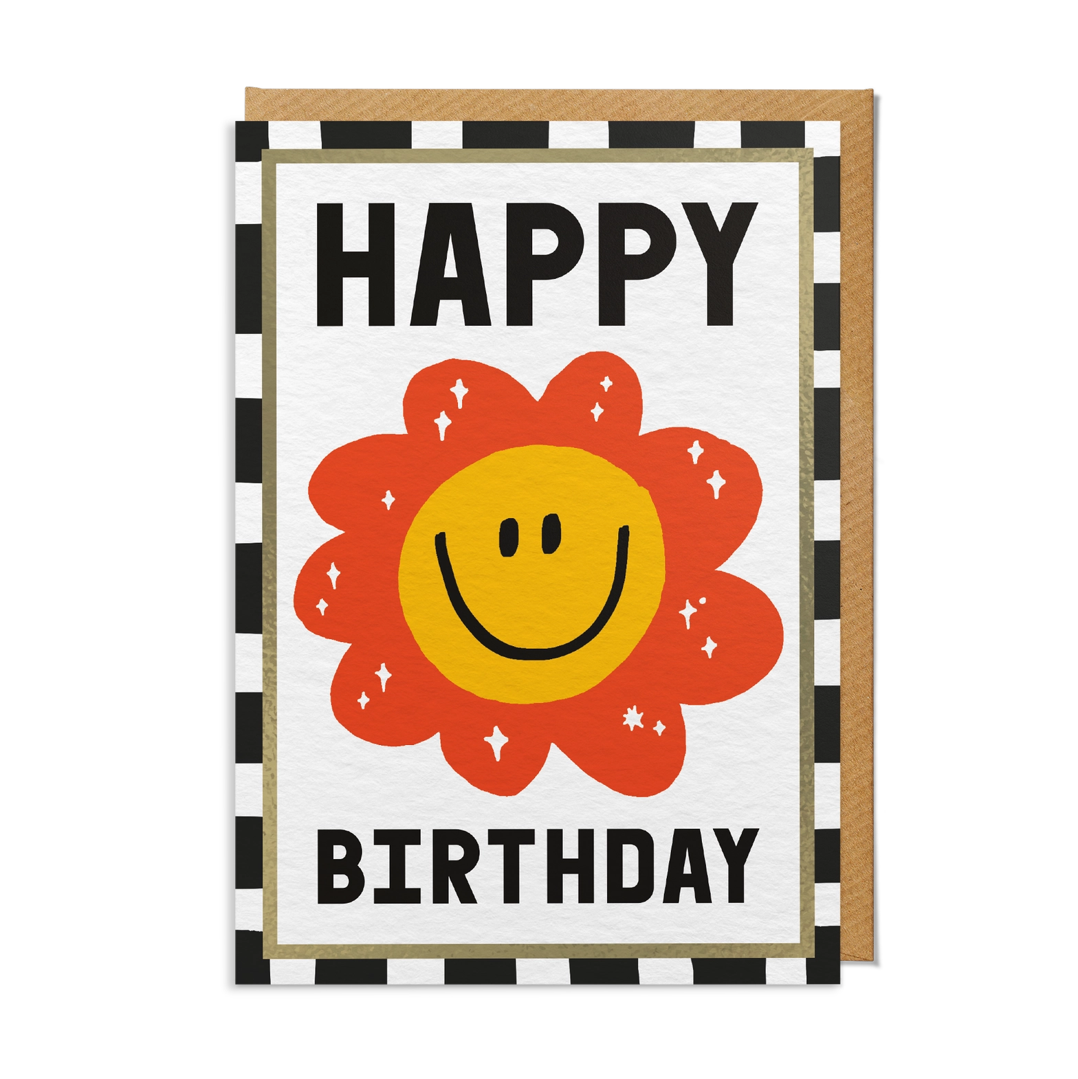 Birthday card with a smiley face flower and 'Happy Birthday' text on a white background.