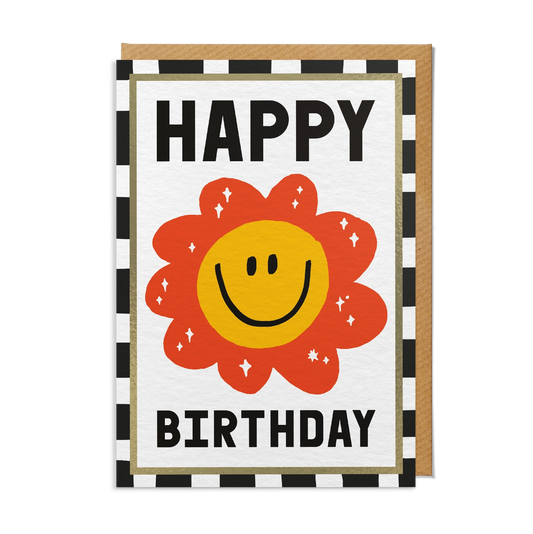 Birthday card with a smiley face flower and 'Happy Birthday' text on a white background.