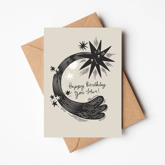 Greeting card with celestial design and 'Happy Birthday, You Star!' text on a white background.