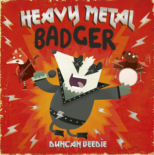 Heavy Metal Badger front cover featuring a leather clad badger and his bandmates on a red background.