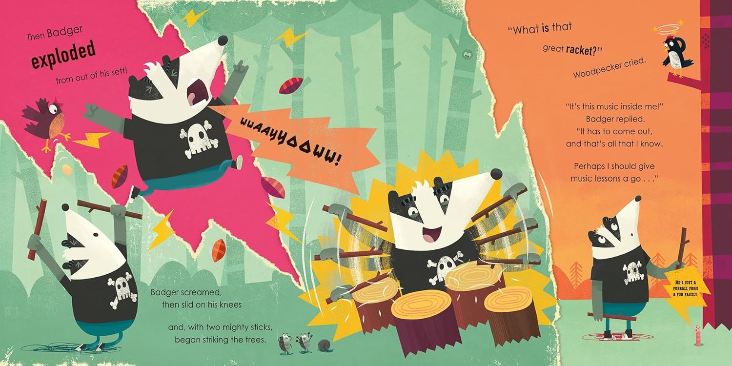 Double page illustrated spread of the story, with the badger playing different woodland instruments.