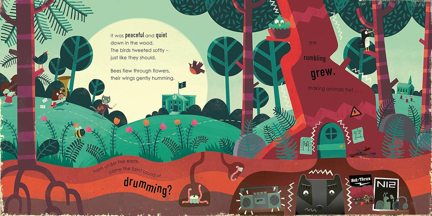 Double page spread showing the badgers hide beneath a forest.