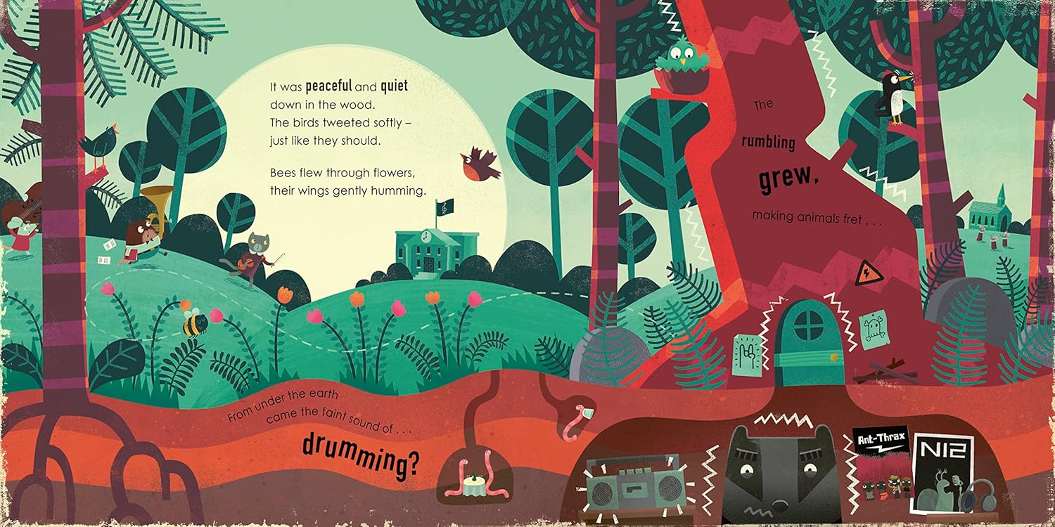 Double page spread showing the badgers hide beneath a forest.