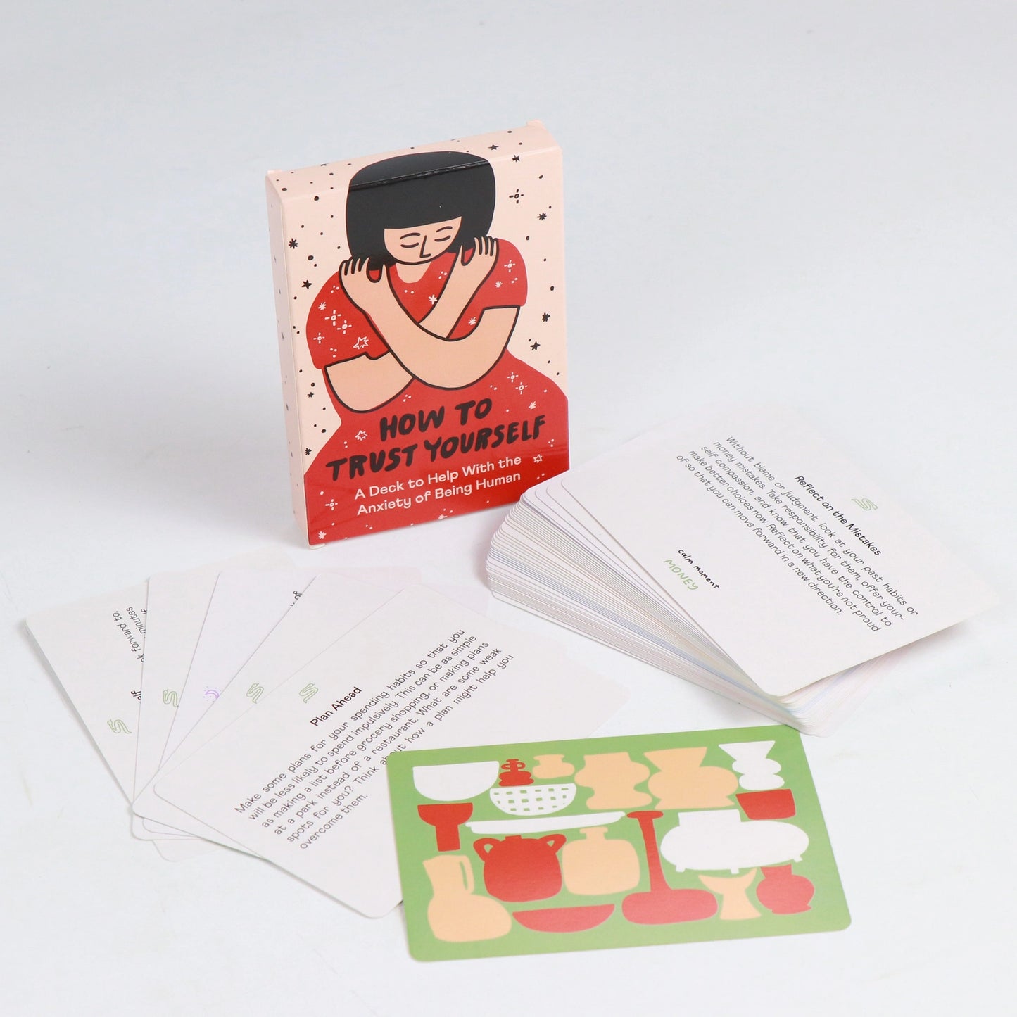 Card deck titled 'How to Trust Yourself' with illustrated cards on a white background