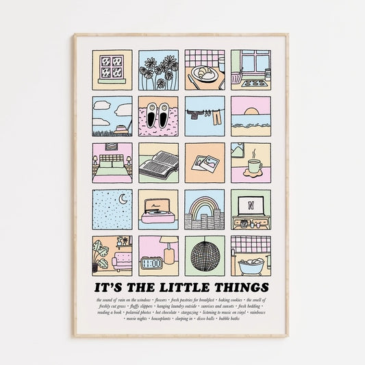 Illustrated print with grid of squares featuring 20 of the little things in life that make it special. Text at the bottom lists each, e.g, smell of fresh cut grass, hot chocolate, bubble baths.