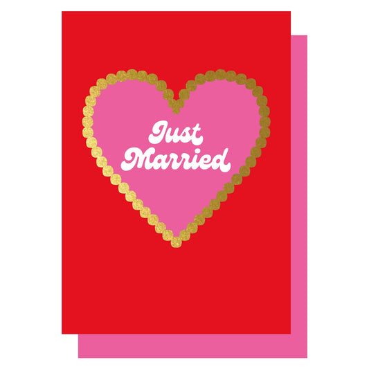 Retro inspired Just Married card, featuring a pink heart on a red background, with gold foil scallop detail.