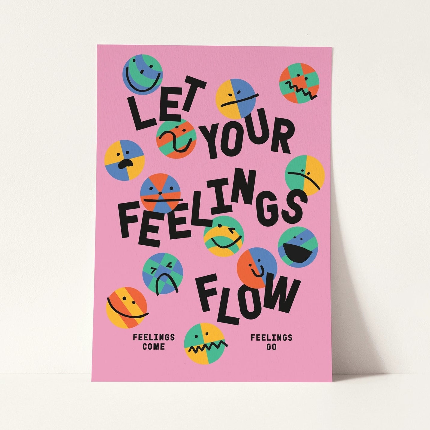 Motivational poster with colorful smiley face illustrations and text on a pink background.
