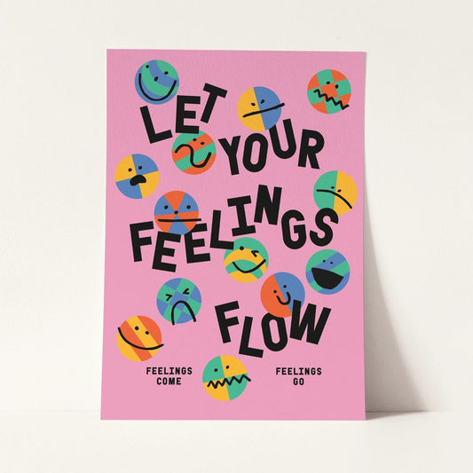 Motivational poster with colorful smiley face illustrations and text on a pink background.