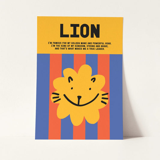 Art print with a lion illustration and text on a yellow and blue striped background