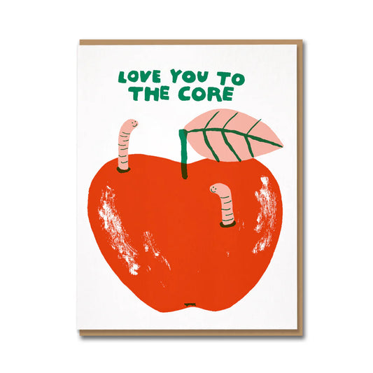 Card with a red apple illustration, worms, and 'Love You to the Core' text on a white background.