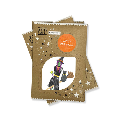 Witch peg doll kit with cardboard packaging on a white background