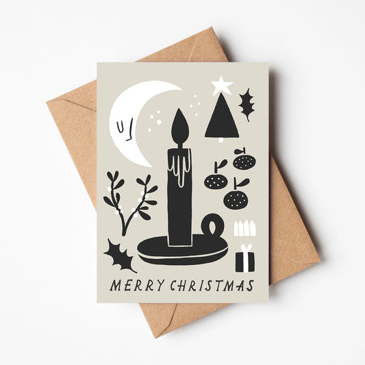 Monochrome card with hand drawn Christmas motifs including a candle holderm mistletoe and holly, with the text Merry Christmas.
