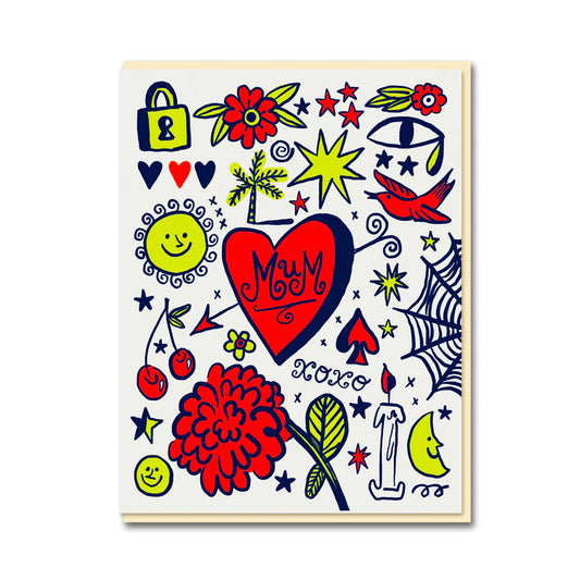 Tattoo inspired Mother's Day card with 'Mum' in handrawn text, and surrounded by fluoro yellow and red illustrations.